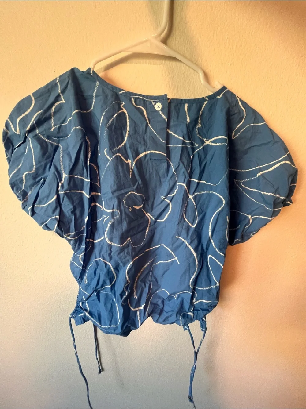 Madewell Blue Floral Drawstring Puff Sleeve Crop Top